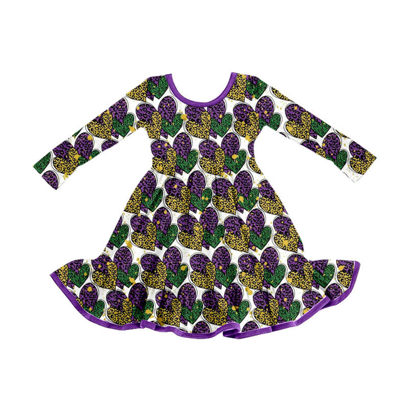 Preorder (moq 5)Baby Girls Leopard Hearts Mardigras Ruffle Knee Length Dresses