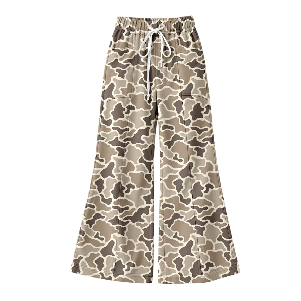 Preorder (moq 5) Women Clothes Neutral Taupe Abstract Camo Print Elastic Waist Flare Bell Bottom Pants