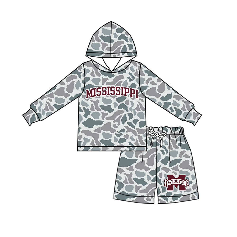 Preorder (moq 5) Baby Boys Grey Camo Mississippi Long Sleeve Hoodie Short Team Clothes Sets