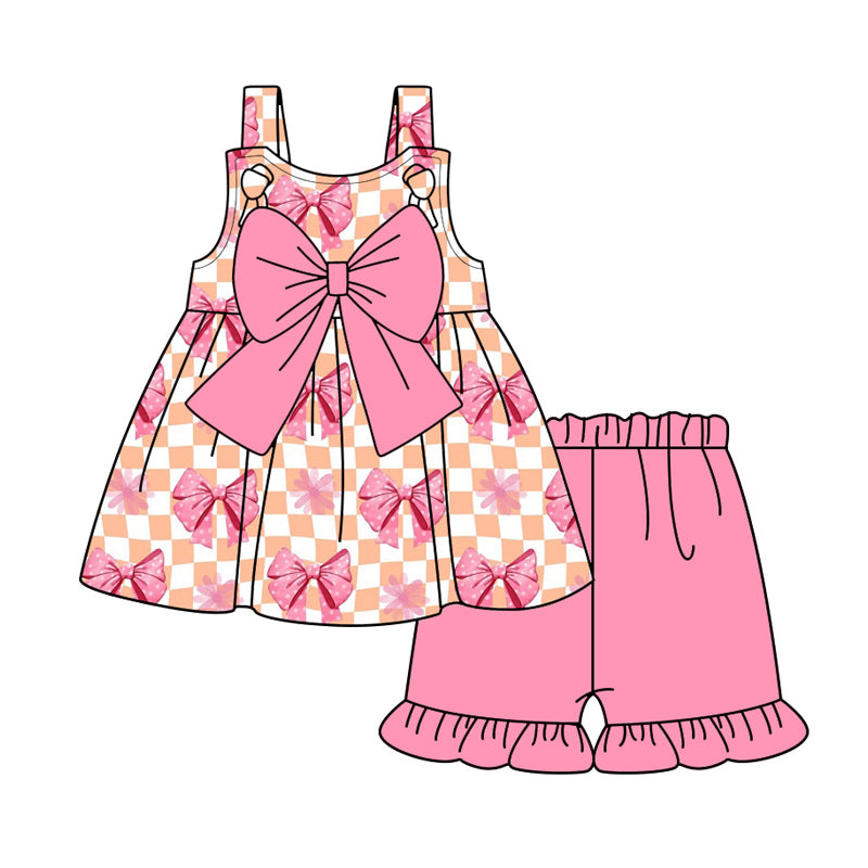 Preorder (moq 5)Baby Girls Pink Plaid Strap Polka Dots Bows Tunic Ruffle Shorts Clothes Sets