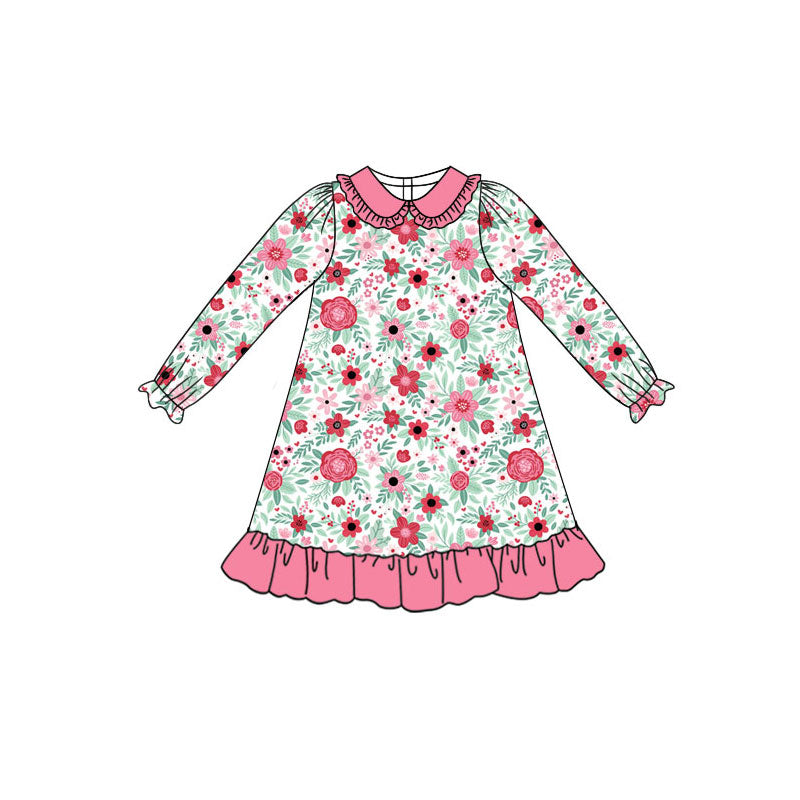 Preorder (moq 5)Baby Girls Long Sleeve Pink Flowers Ruffle Knee Length Dresses