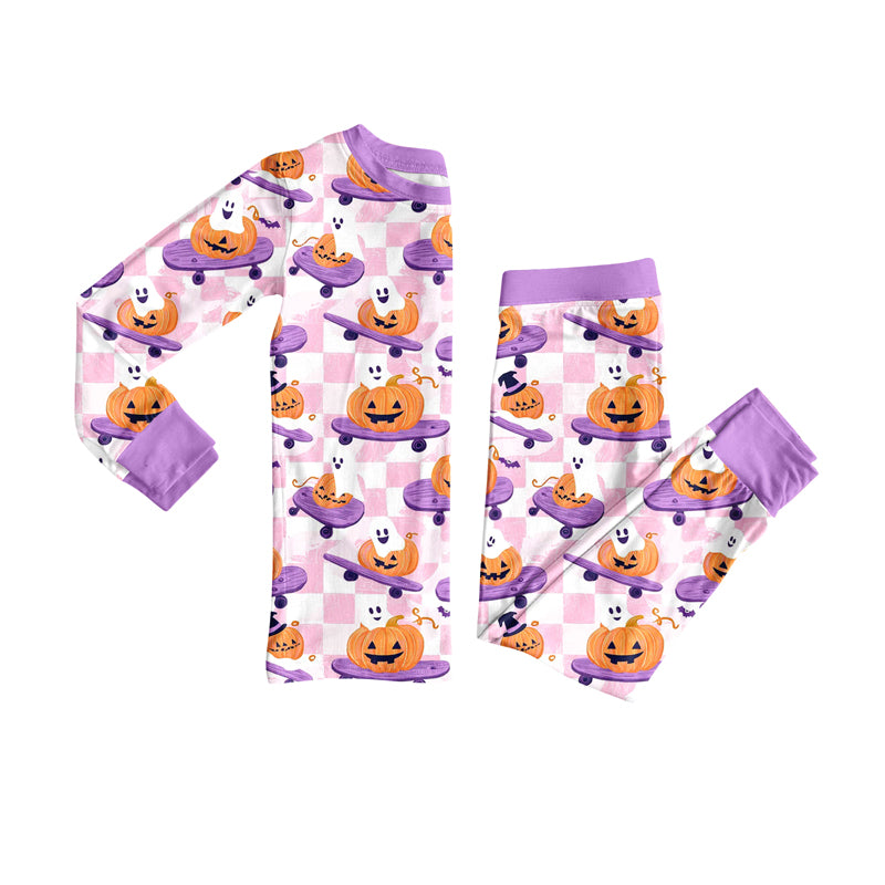 Preorder (moq 5)Baby Girls Long Sleeves Lavender Plaid Ghost Pumpkins Top Pant Pajamas Sets