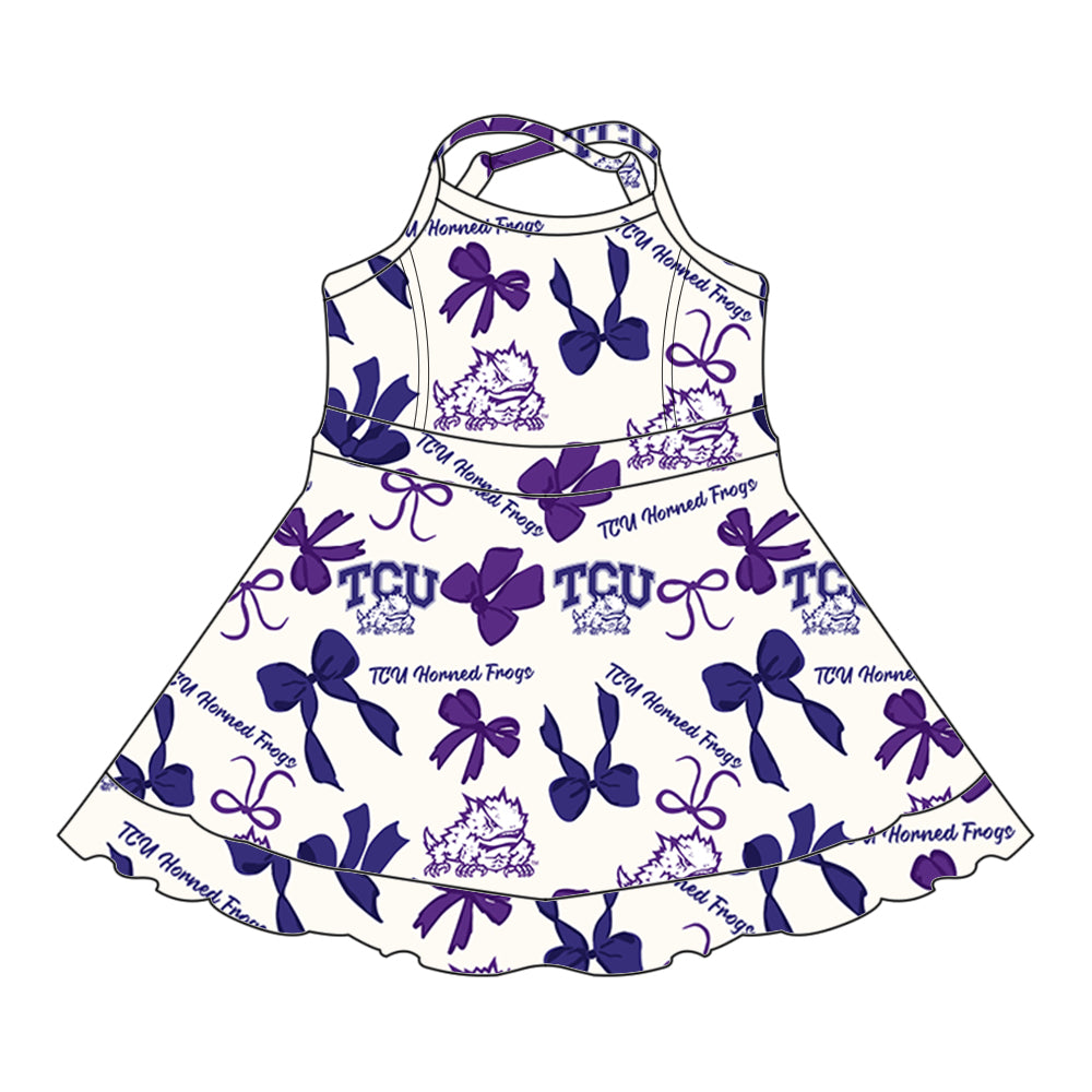 Preorder (moq 5)Baby Girls Strap TCU Bows Plaid Short Ruffle Team Knee Length Dresses