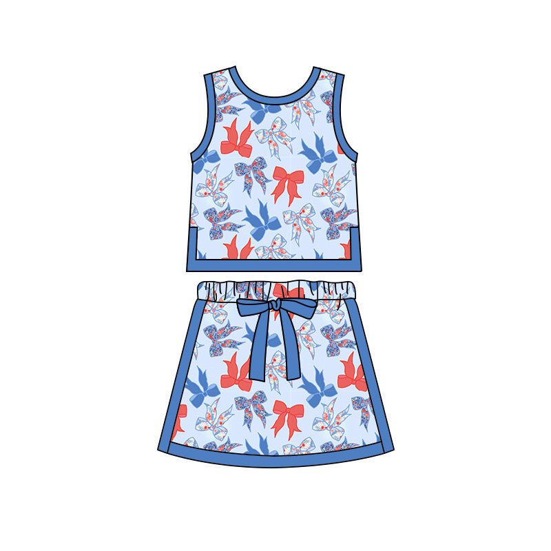 Preorder moq 5 Baby Girls Sleeveless Flower Bows Vests Skirt Shorts 4th of July Clothes Set