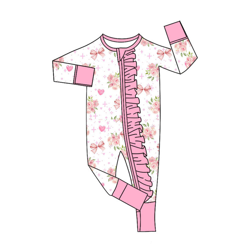 Preorder (moq 5)Baby Girls Pink Flowers Hearts Valentines Two Way Ruffle Zip Convertible Rompers