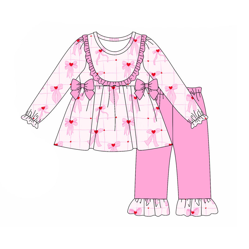 Preorder (moq 5)Baby Girls Long Sleeves Pink Bows Hearts Plaid Tunic Ruffle Pants Set