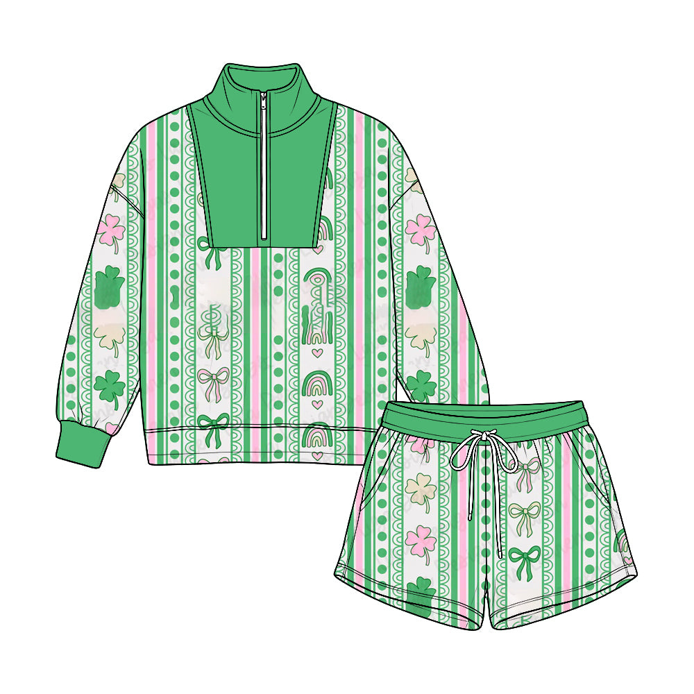 Pre-order(moq5) Kids’ Half-Zip Top & Shorts 2-Piece Set, Green Rainbow & Clover Print Outfit