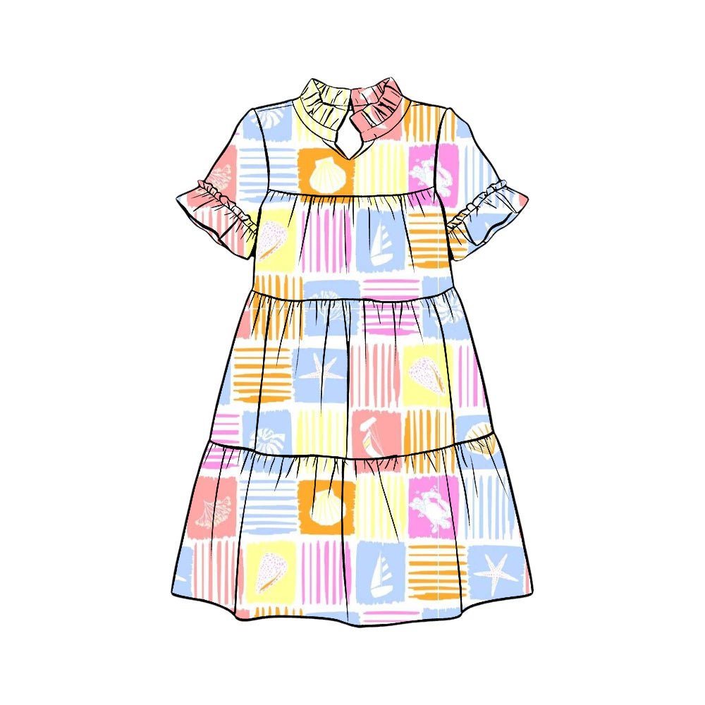 Preorder (moq 5)Baby Girls Colorful Checked Boat Shells Patchwork Knee Length Dresses