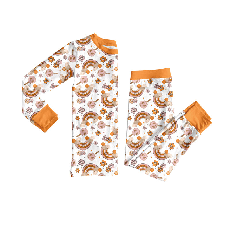Preorder (moq 5)Baby Girls Long Sleeves Flowers Rainbows Bows Top Pant Pajamas Set