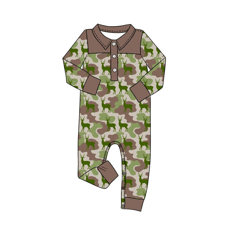 Preorder (moq 5)Baby Boys Long Sleeve Green Camo Deer Button Hunting Rompers