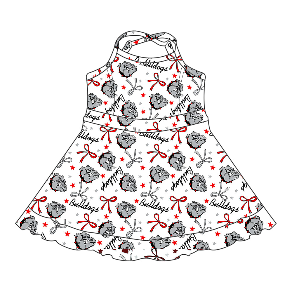 Preorder (moq 5)Baby Girls Strap Gray Dogs Stars Bows Ruffle Shorts Team Knee Length Dresses