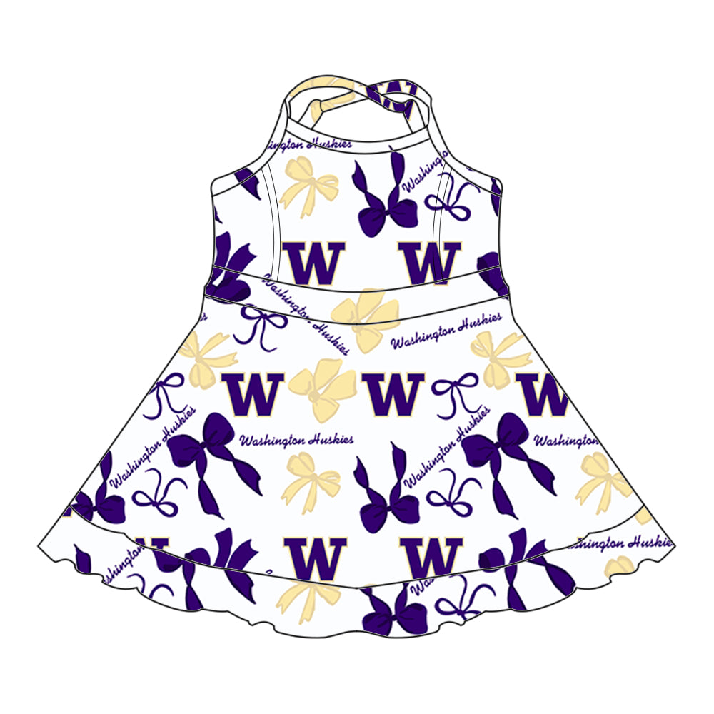 Preorder (moq 5)Baby Girls Purple Strap W Bows Plaid Shorts Ruffle Team Knee Length Dresses