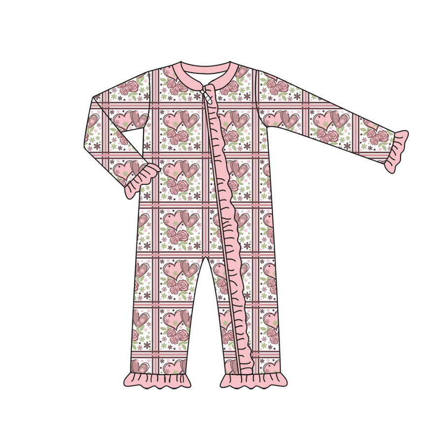 Preorder (moq 5) Baby Girl Clothes Valentine Heart Rose Grid Print Long Sleeve Zipper Ruffle Romper