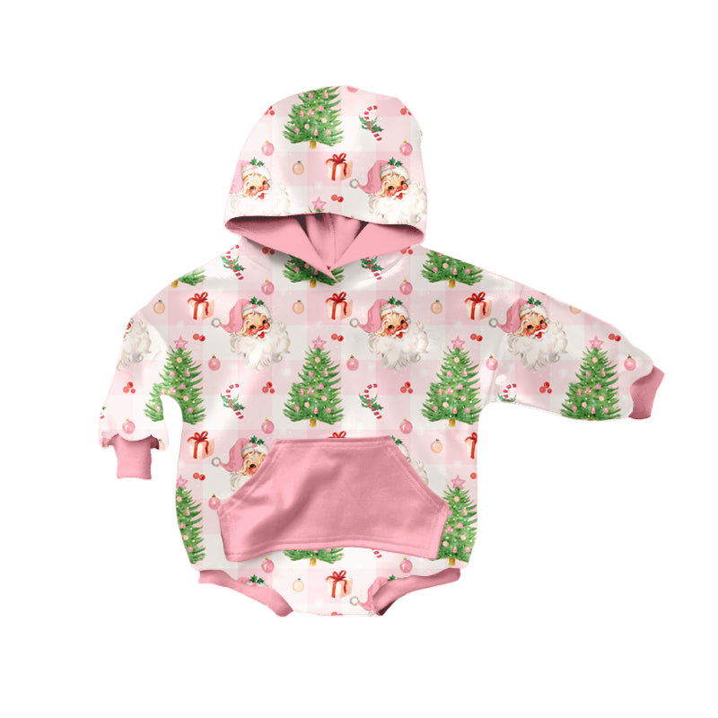 Preorder moq 5 Baby Infant Girls Long Sleeves Pink Santa Trees Plaid Hoodies Romper