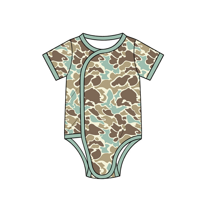 Preorder (moq 5) Baby Boy Clothes Sage Turquoise Retro Camo Print Short Sleeve Side Snap Romper