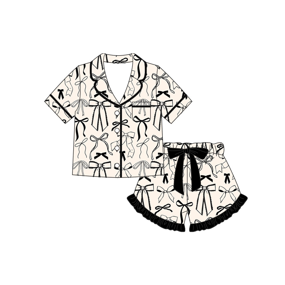 Preorder moq 5 Baby Girls Black Bows Button Pocket Top Ruffle Shorts Pajamas Sets