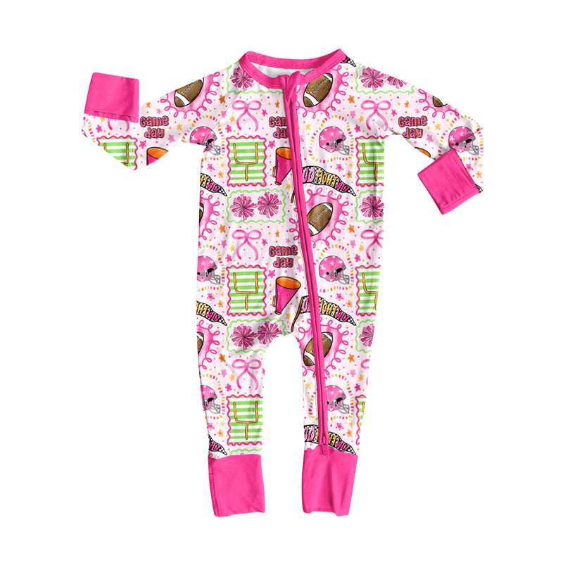 Preorder(moq 5)Baby Girls Pink Bows Footballs Team Zipper Pant Rompers