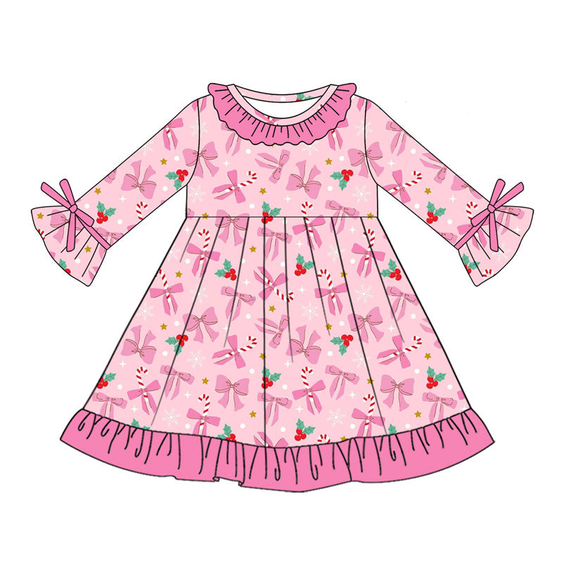 Preorder (moq 5)Baby Girls Pink Bows Candy Cane Christmas Ruffle Knee Length Dresses