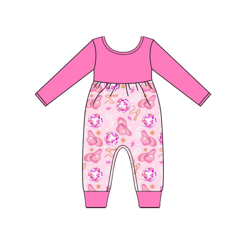 Preorder (moq 5)Baby Girls Pink Long Sleeve Hats Stars Western Footie Rompers