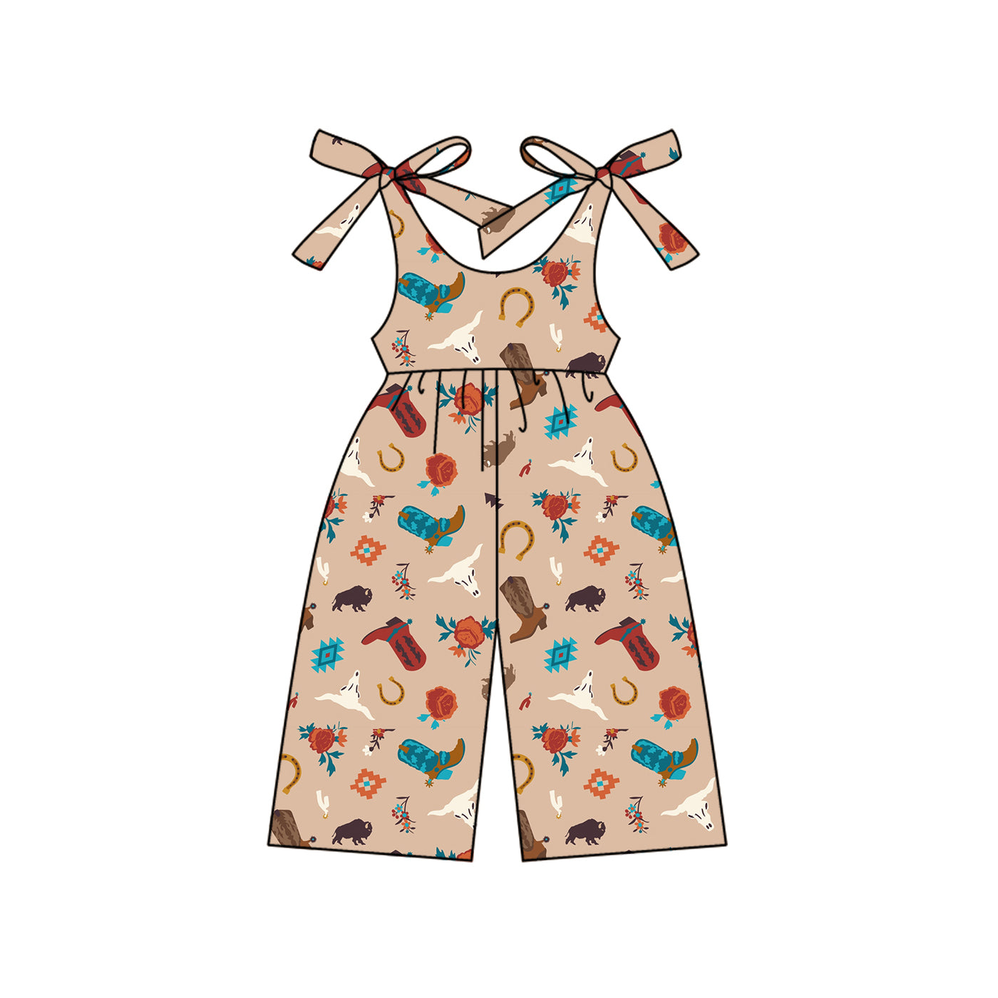 Preorder (moq 5)Baby Girls Khaki Strap Boots Bull Skull Jumpsuits