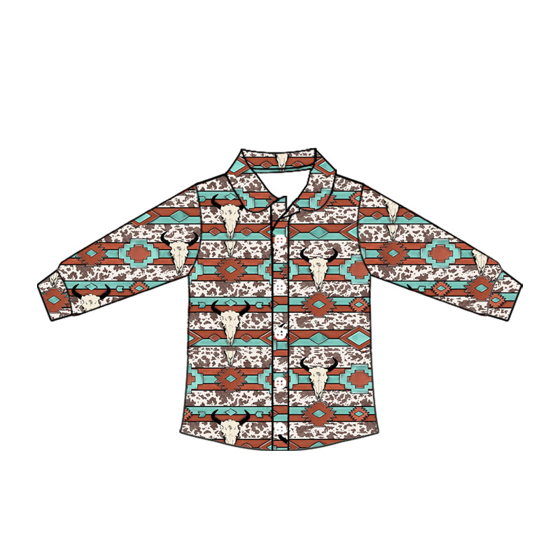 Preorder moq 10 Baby Boys Khaki Long Sleeves Western Aztec Bull Skull Button Shirts Top