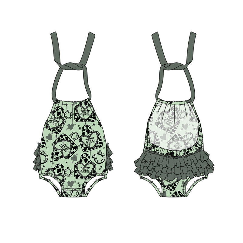 Preorder(moq 5)Baby Infant Girls Green Strap Cow Print Horse Shoes Hearts Backless Bubble Rompers