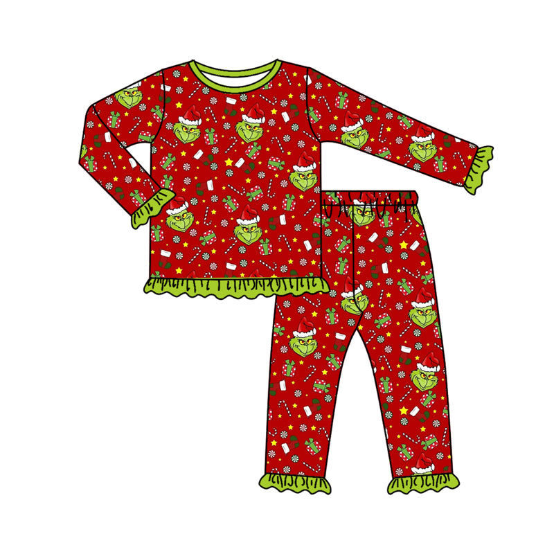 Preorder (moq 5)Baby Girls Green Face Candy Cane Top Pants Christmas Pajamas Set