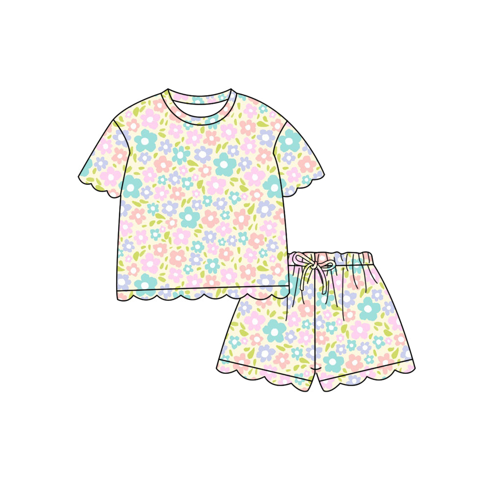 Preorder (moq 5)Baby Girls Colorful Small Flowers Top Scallop Shorts Clothes Sets