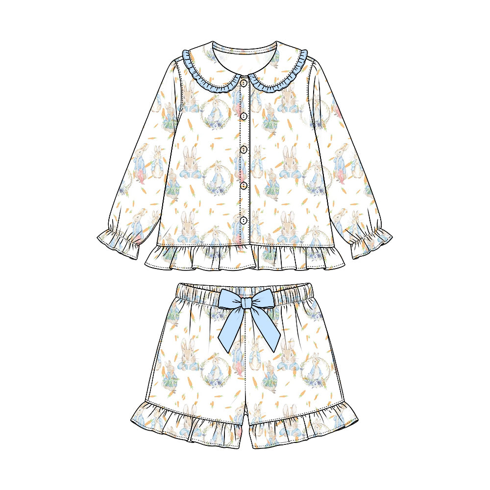 Preorder (moq 5) Baby Girl Clothes Easter Bunny Carrot Wreath Allover Print Long Sleeve Button Shorts Pajama Set