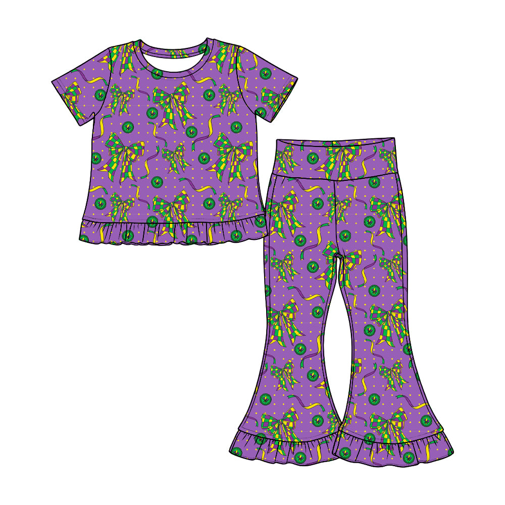 Preorder(moq 5) Girls Ruffle Short Sleeve Top & Ruffle Flare Pants Set Kids Two‑Piece Casual Outfit Set