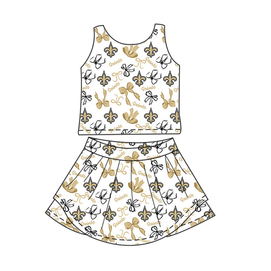 Preorder (moq 5)Baby Girls Sleeveless Yellow Bows Plaid Saints Top Skorts Team Set