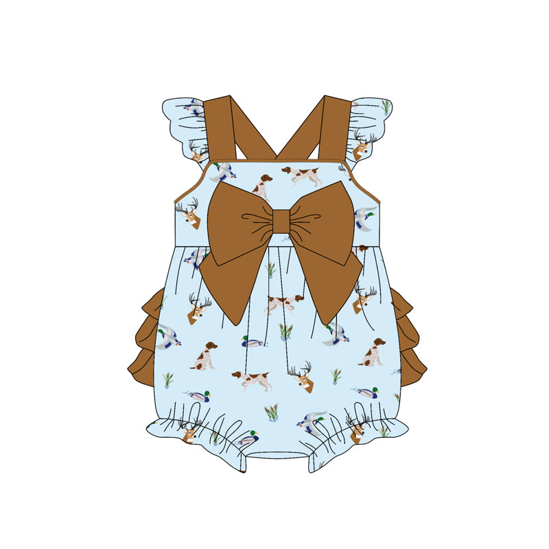 Preorder (moq 5)Baby Girls Blue Flutter Sleeves Brown Bow Top Deer Ducks Dogs Ruffle Bubble Rompers