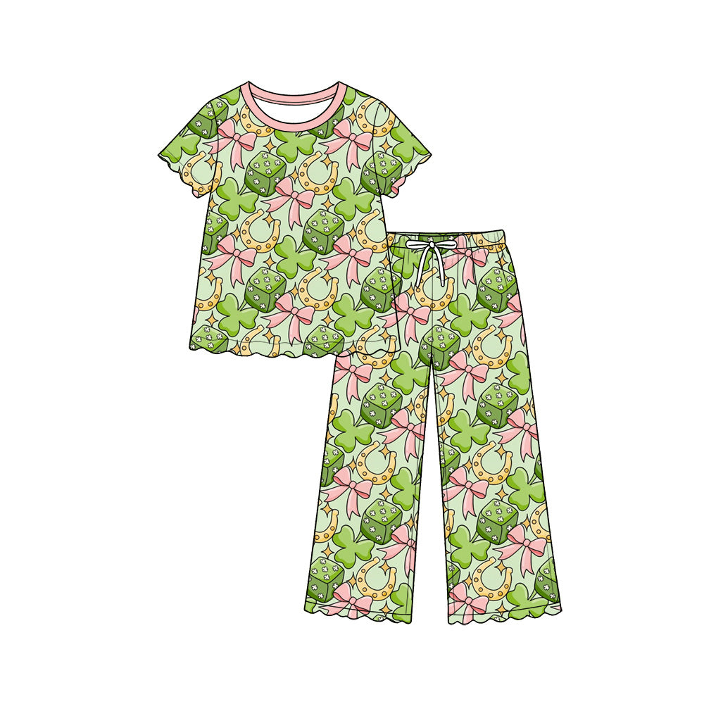 Pre-order(moq5) Girls’ Pink Round-Neck Short Bow-Sleeve Clover Ruffle Elastic-Waist Wide-Leg Pants Set