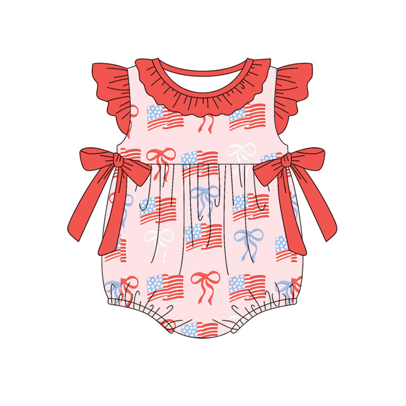 Preorder(moq 5)Baby Infant Girls 4th Of July Flags Bows Summer Rompers