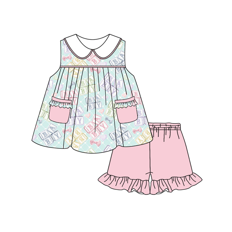 Preorder (moq 5)Baby Girls Pink Letters Pockets Tunic Ruffle Shorts Clothes Sets