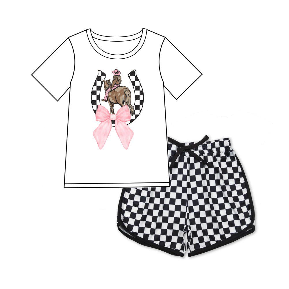 Preorder(moq 5)Adult Women Rodeo Horse Tee Shirts Checkered Shorts Clothes Sets