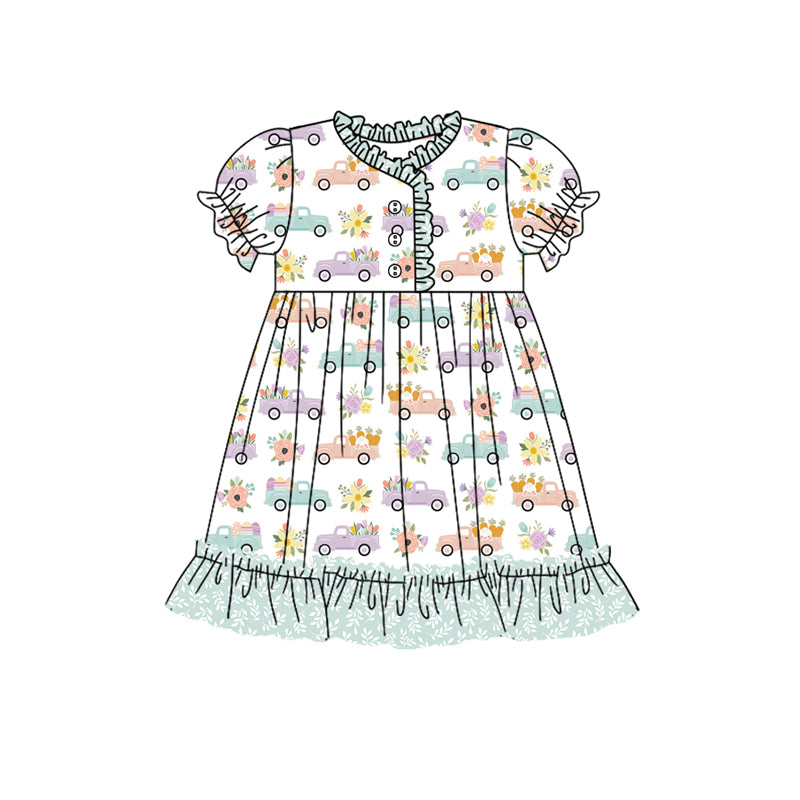 Preorder (moq 5)Baby Girls Spring Flowers Trucks Ruffle Knee Length Gowns Dresses