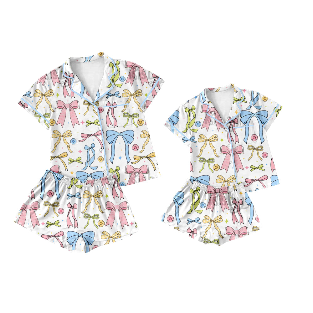 Preorder moq 5 Custom Mama And Me Colorful Bows Flowers Button Pocket Top Short Pajamas Set