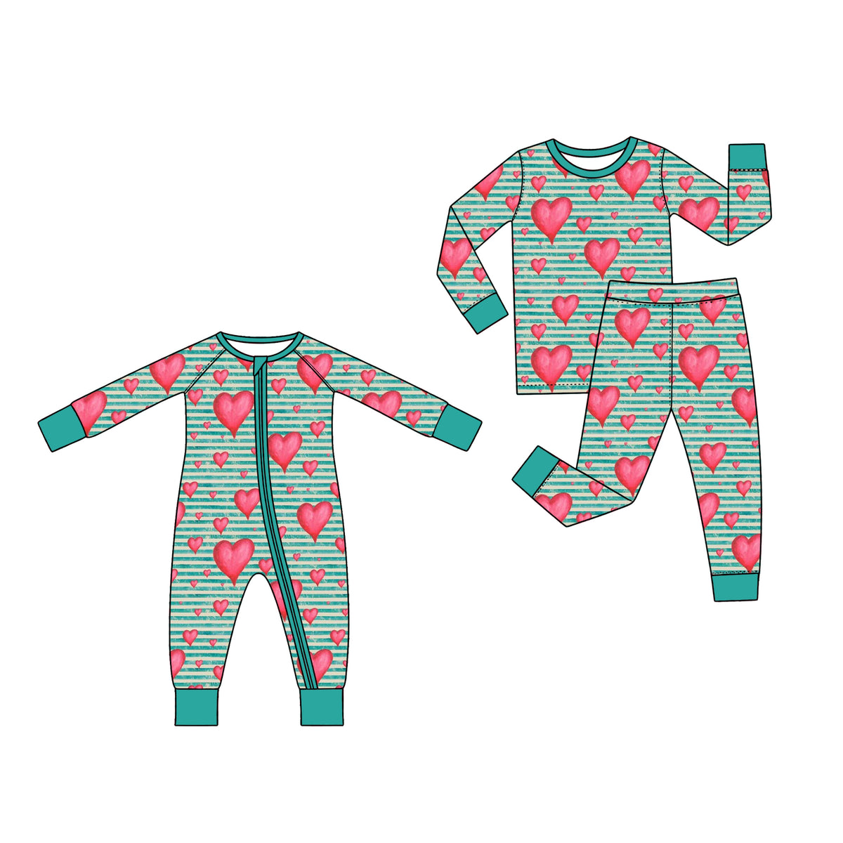 Preorder (moq 5) Baby Girl Clothes Teal Stripe Red Heart Mixed Print Long Sleeve Zipper Baby Romper