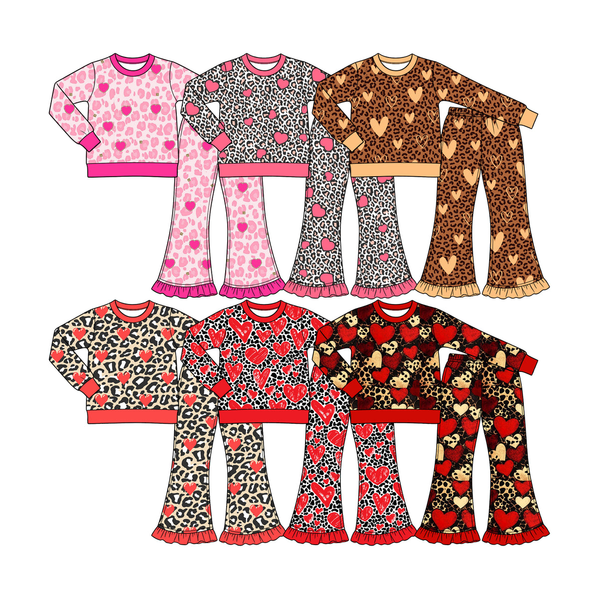 Preorder (moq 5) Baby Girl Clothes Brown Leopard Light Tan Heart Print Long Sleeve Flare Pant Set