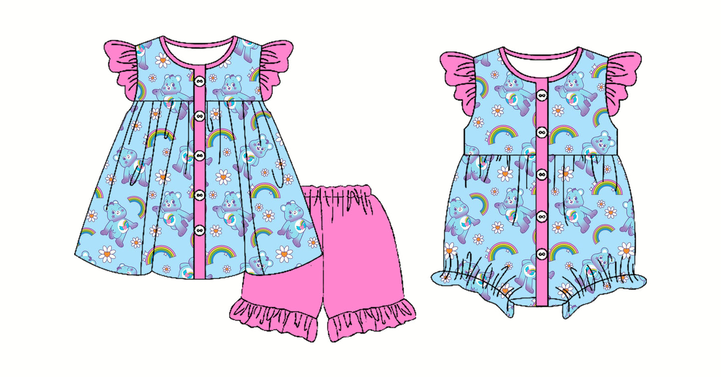 Preorder moq 5 Custom Baby Girls Button Cartoon Bears Rainbows Tunic Ruffle Short Set Rompers