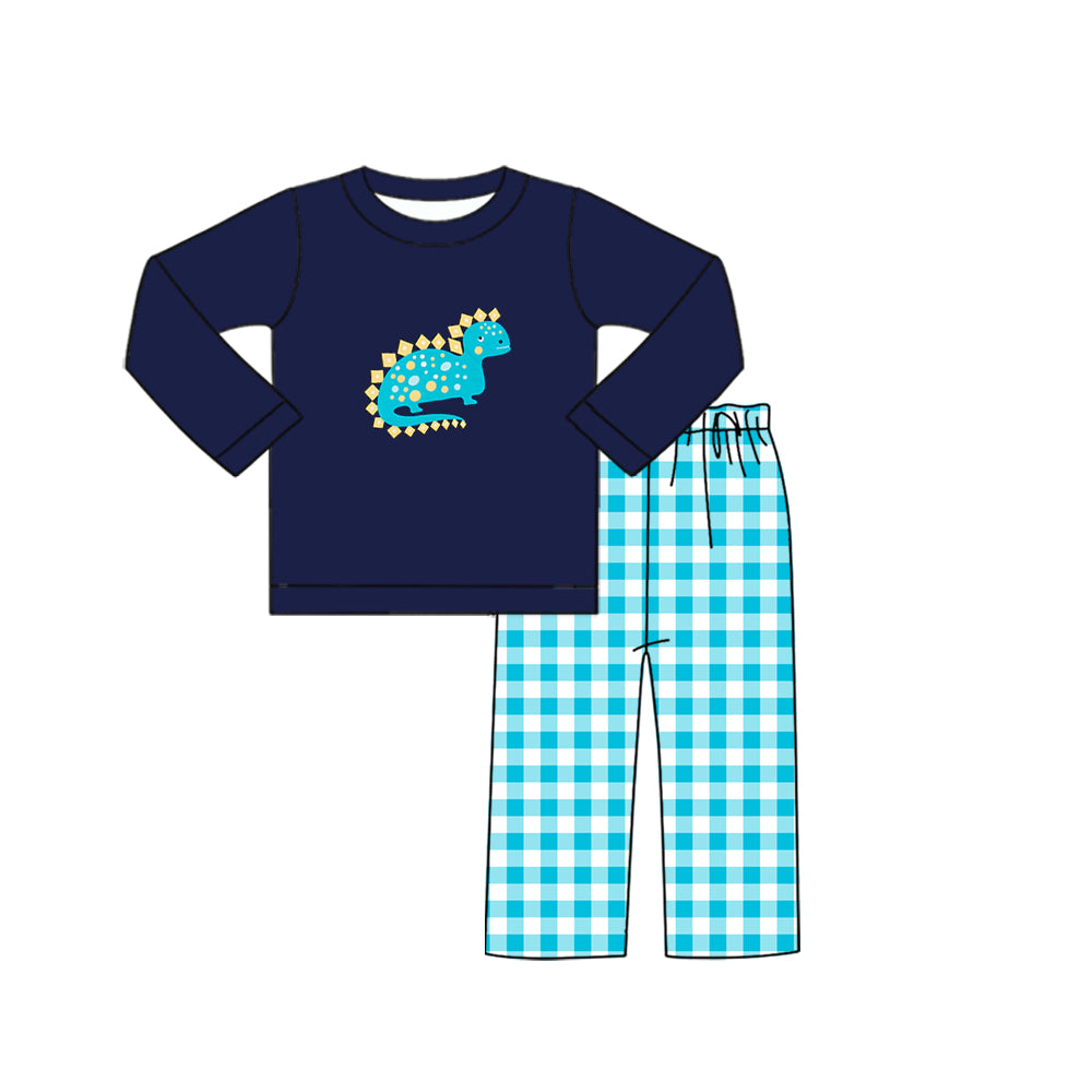 Preorder (moq 5)Baby Boys Navy Dinosaur Top Checkered Bottom Pants Clothes Sets