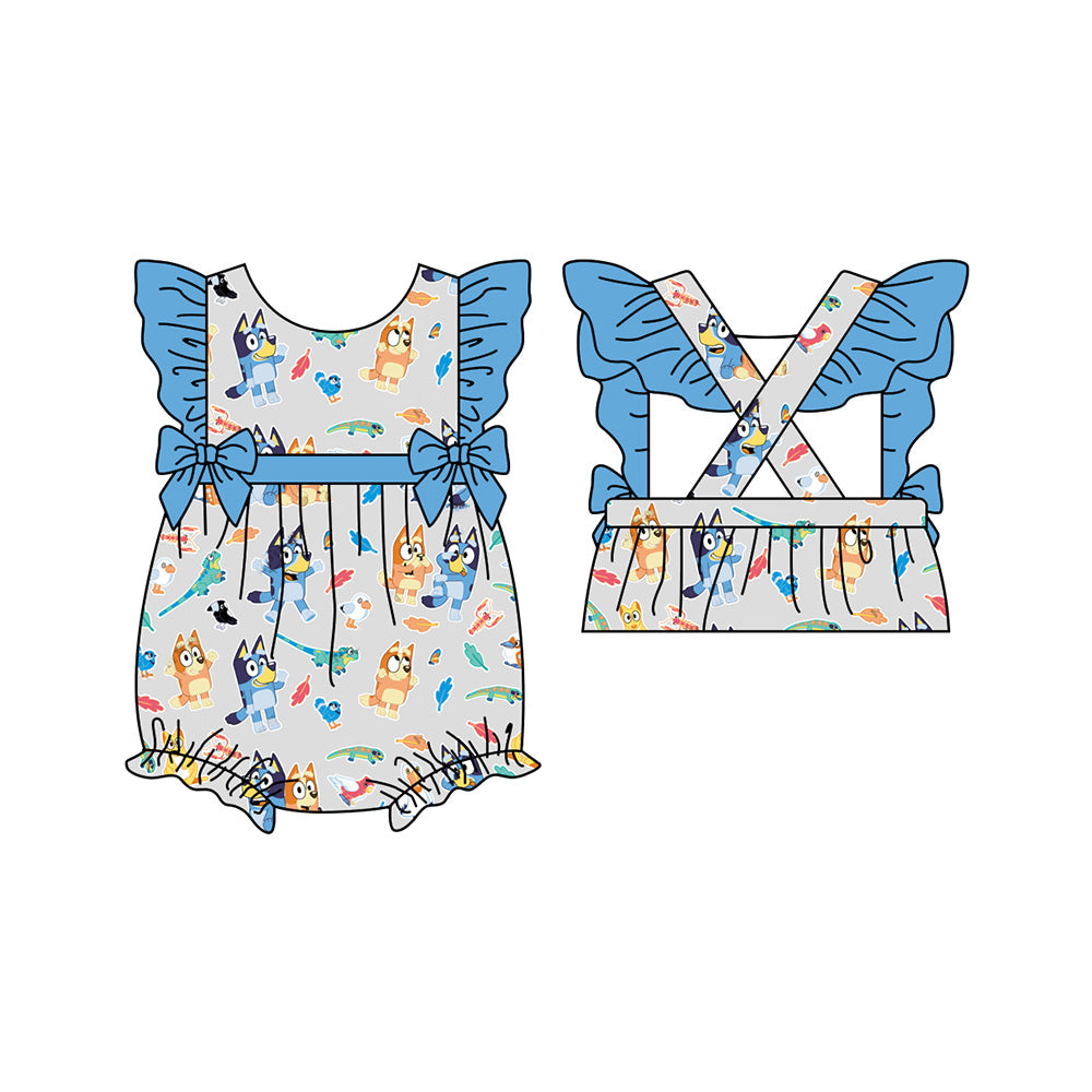 Preorder(moq 5)Baby Infant Girls Blue Dogs Dinosaurs Ruffles Rompers