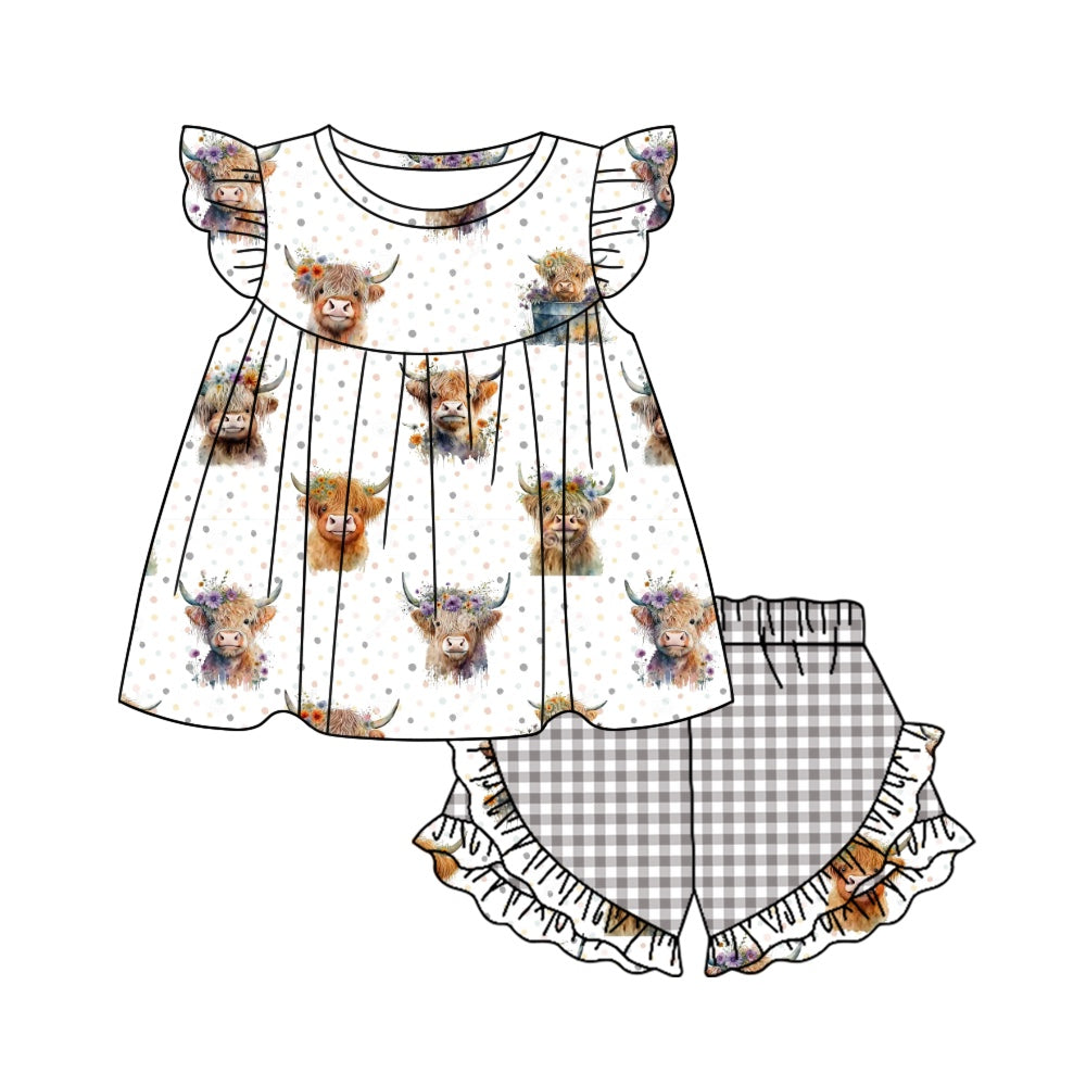 Baby Girls Highland Cows Tunic Top Ruffle Shorts Clothes Sets preorder (moq 5)