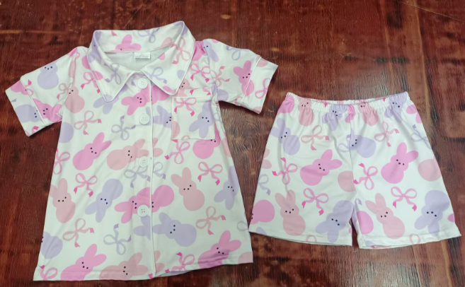 Preorder moq 5 Baby Girls Pink Bows Bunny Button Pocket Top Short Easter Pajamas Set
