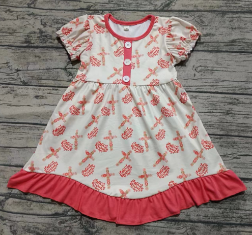 Preorder moq 5 Baby Girls Pink Short Ruffle Sleeves Button Cross Knee Length Dresses