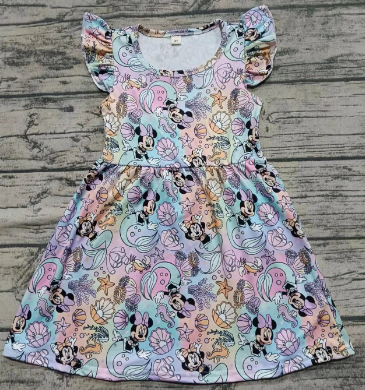 Preorder moq 5 Baby Girls Blue Flutter Sleeves Cartoon Mouse Mermaid Knee Length Dress