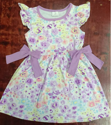 Preorder moq 5 Baby Girls Lavender Flutter Sleeves Floral Bows Knee Length Dress