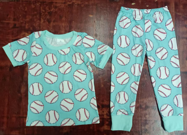 Preorder moq 5 Baby Boys Blue Short Sleeves Baseballs Top Pant Pajamas Set