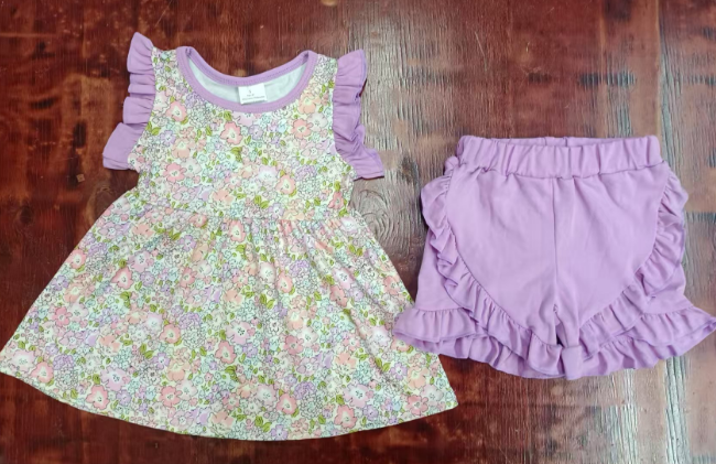 Preorder moq 5 Baby Girls Sleeveless Floral Tunic Lavender Ruffle Short Set